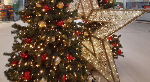 Zwei geschmückte und beleuchtete Weihnachtsbäume, dazwischen steht ein großer beleuchteter Stern. In den Bahnhofspassagen.
