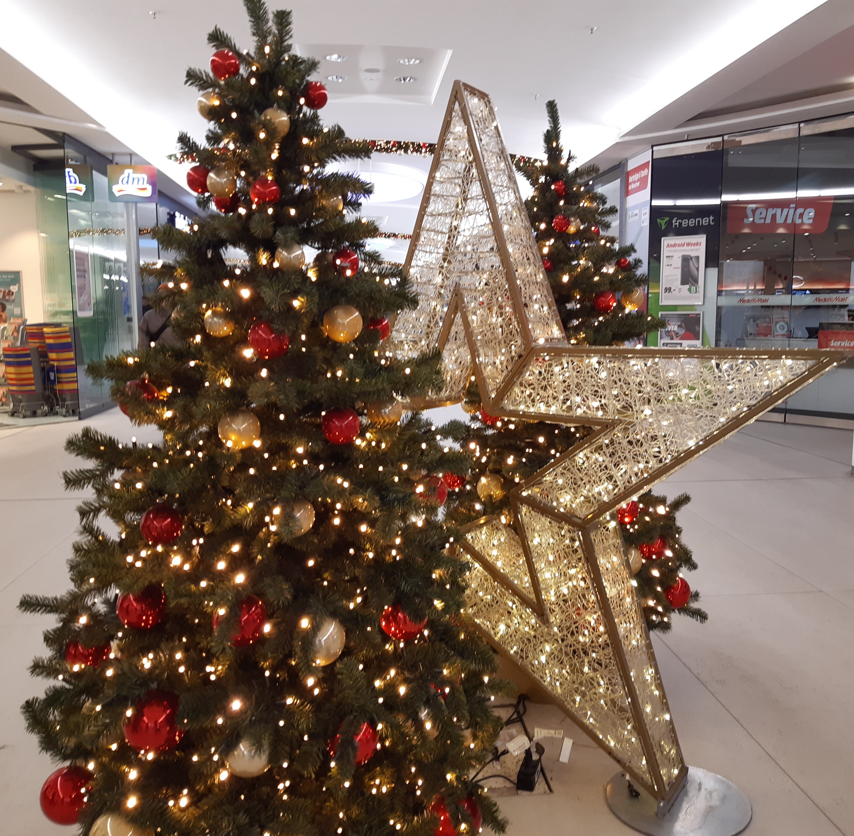 Zwei geschmückte und beleuchtete Weihnachtsbäume, dazwischen steht ein großer beleuchteter Stern. In den Bahnhofspassagen.