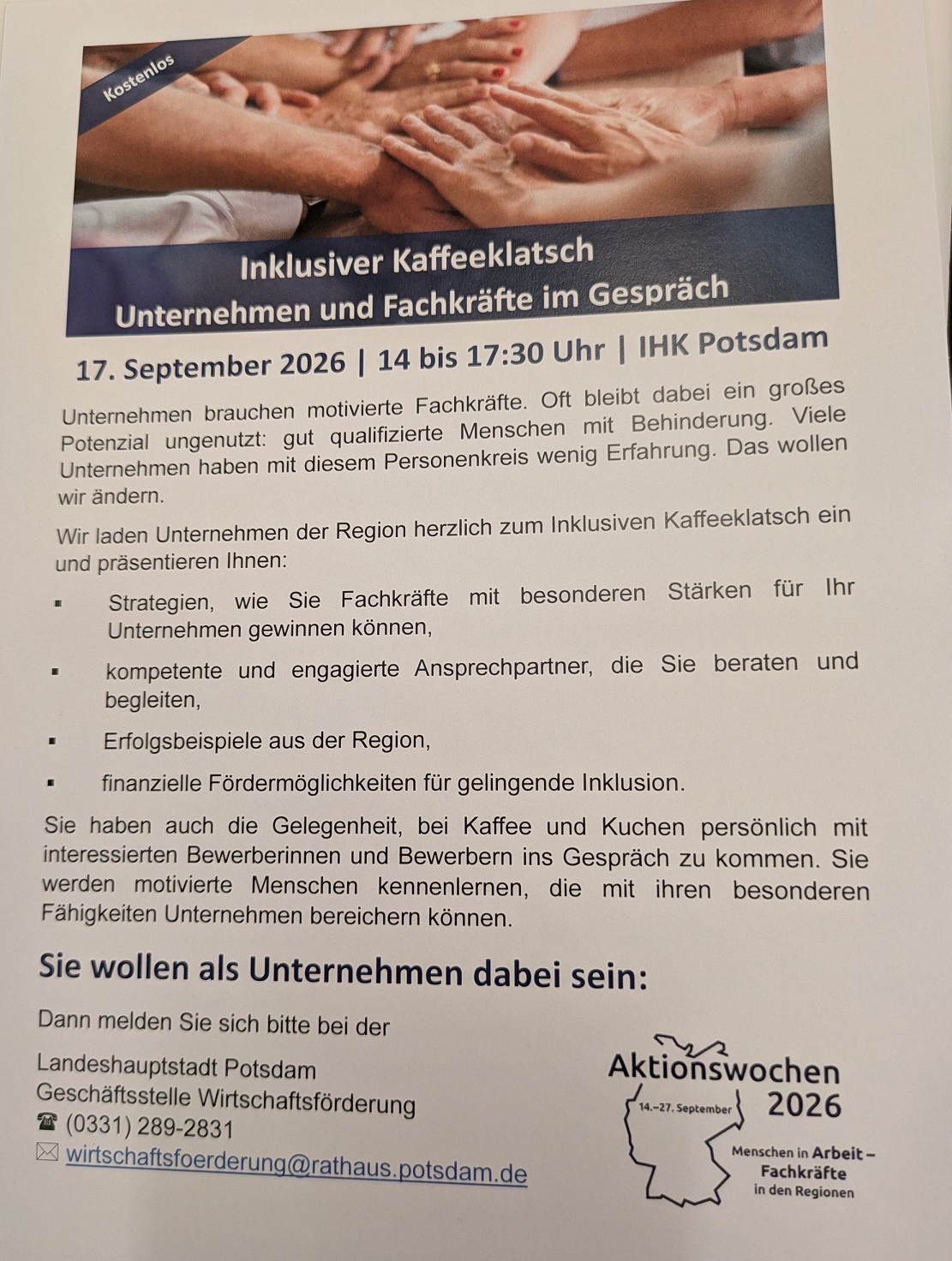 Flyer zum inklusiven Kaffeeklatsch - Unternehmen und Fachkräfte im Gespräch.