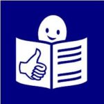Leichte Sprache Logo / Piktogramm für Leichte Sprache. Blauer Hintergrund Ein lächelndes Gesicht hinter einer Zeitung oder einem Buch mit einem Daumen hoch Symbol
